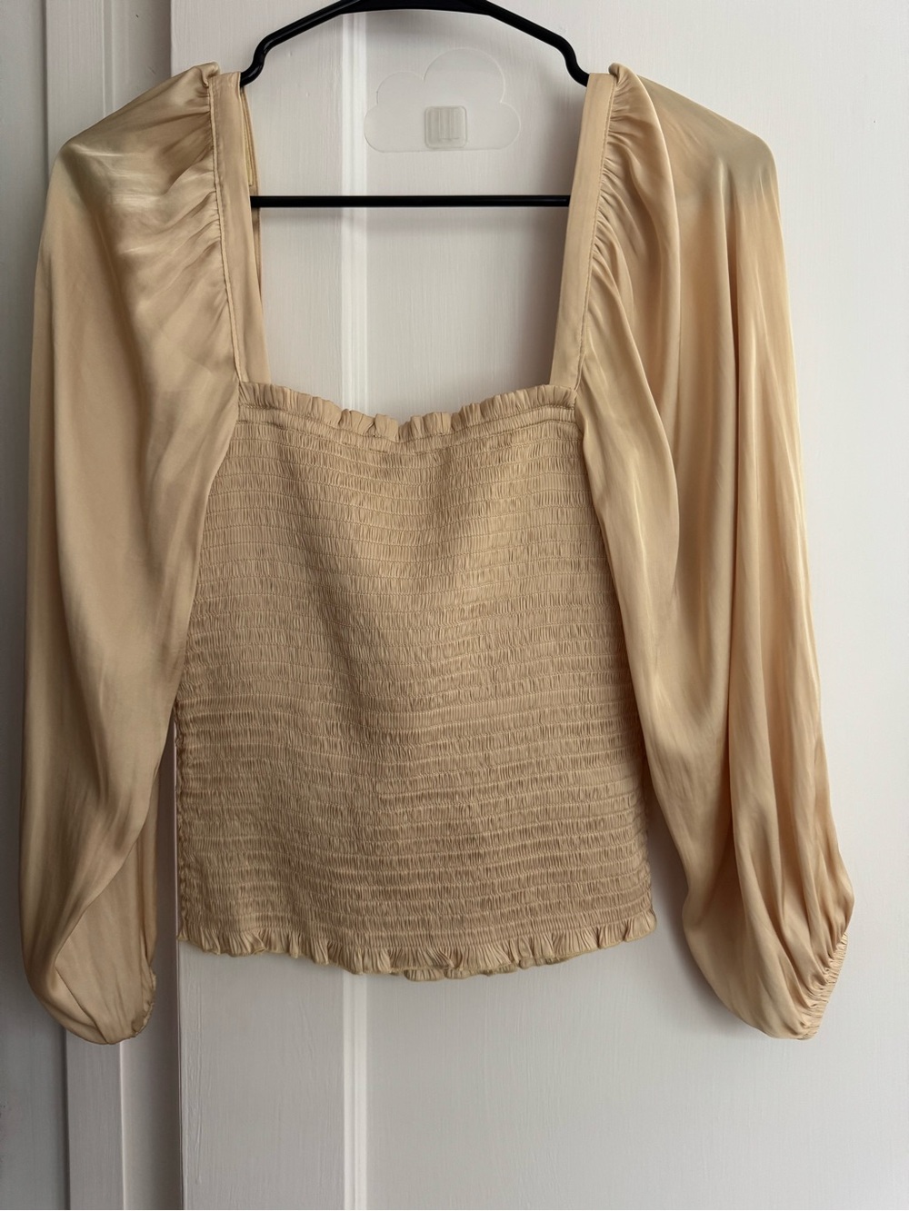 J. Crew Cream Smocked Square-Neck Top with Satin Puff Sleeves
